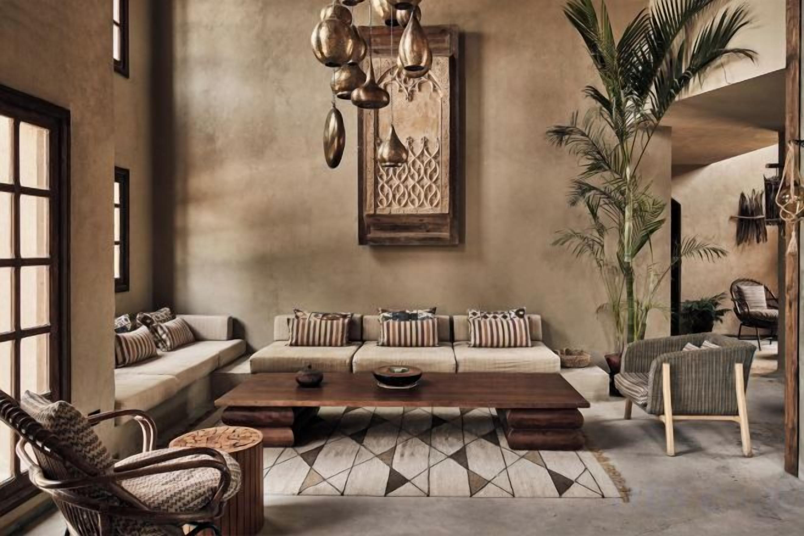 A cozy living room with a sofa, coffee table, and chairs, featuring a large plant and decorative wall art.