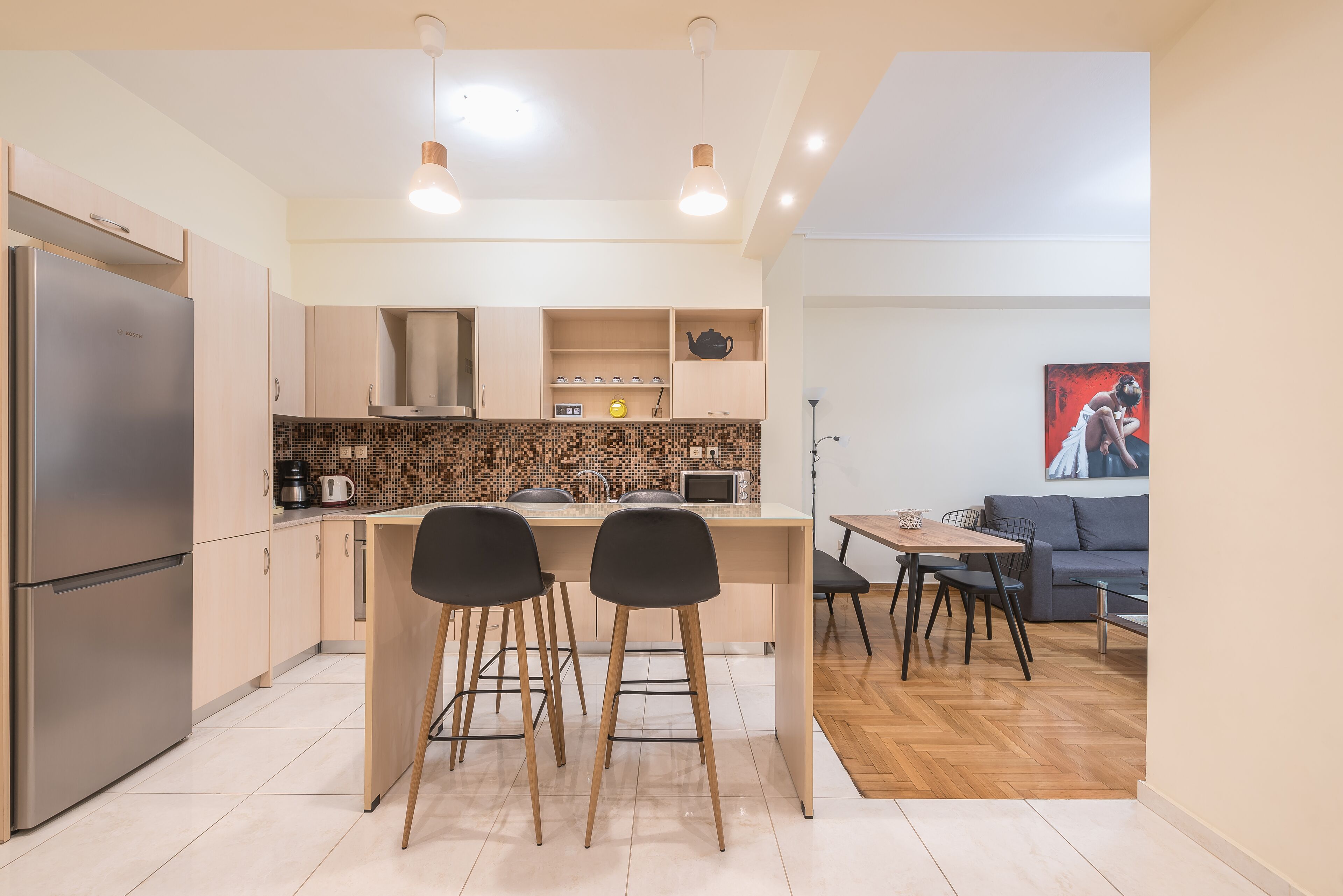 Luxury Apartment, Ground Floor | Private kitchen | Fridge, microwave, oven, stovetop