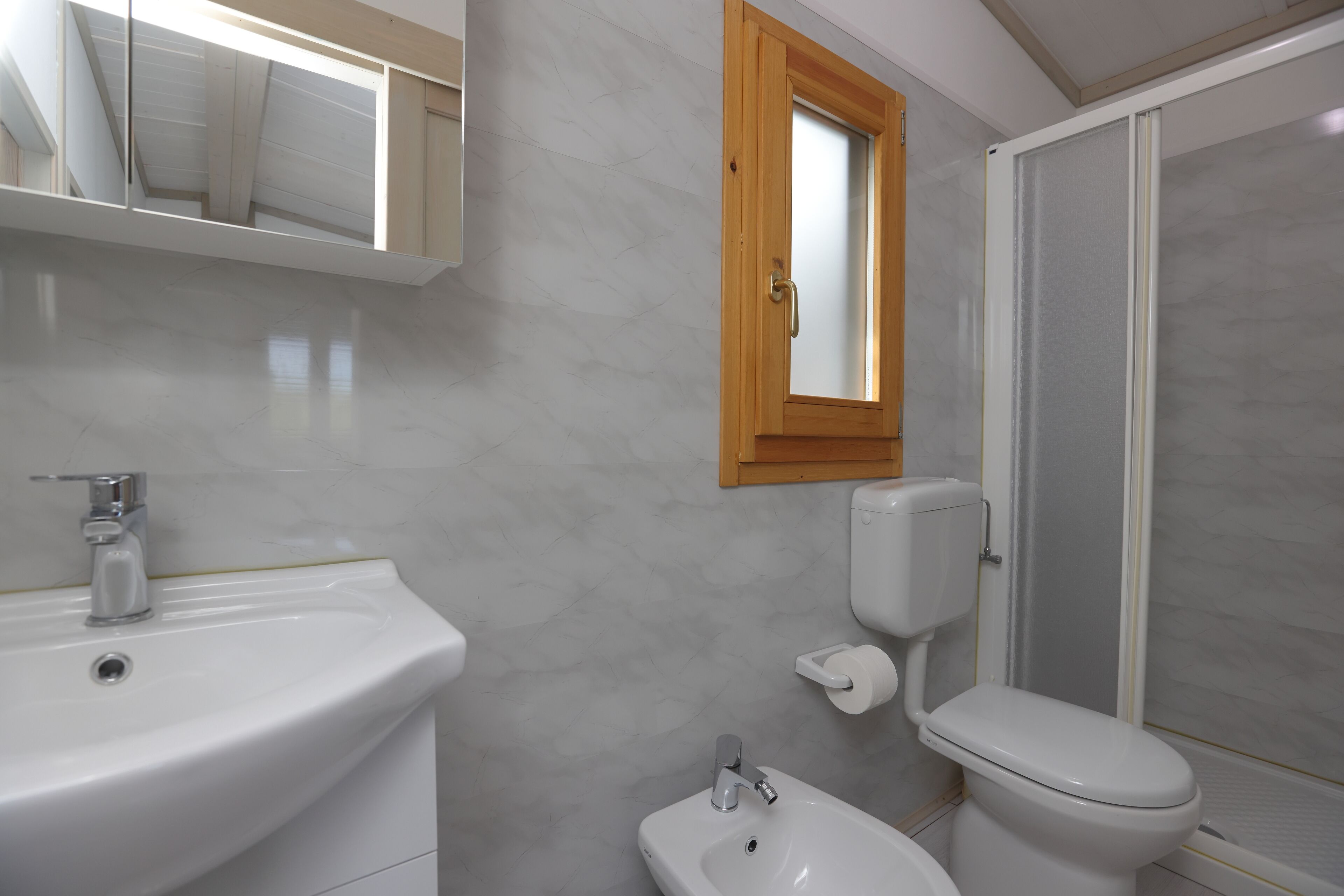 Un baño con lavamanos, inodoro y ducha.