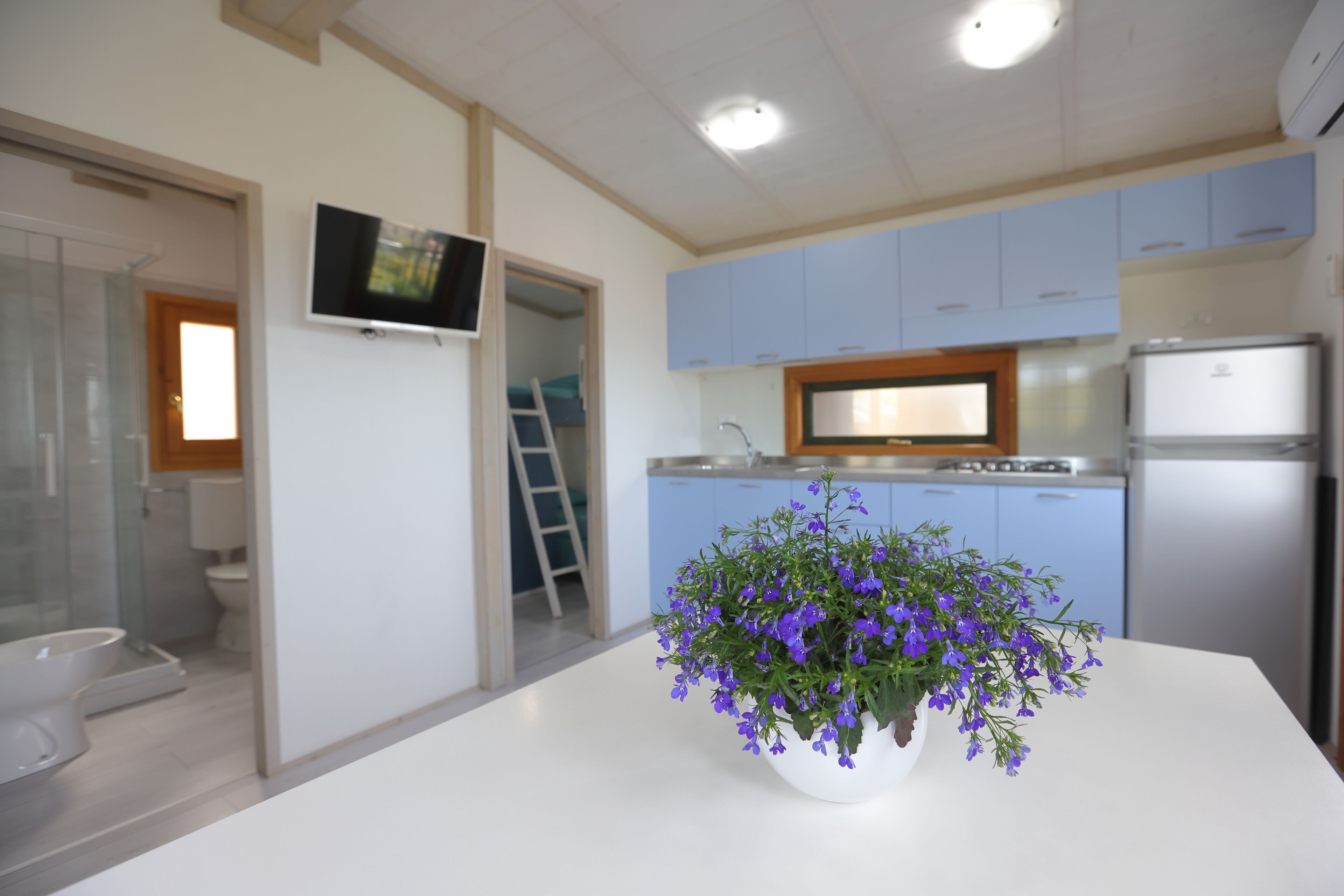 Una cucina moderna con mobili azzurri, un piano di lavoro bianco e un vaso con fiori viola.