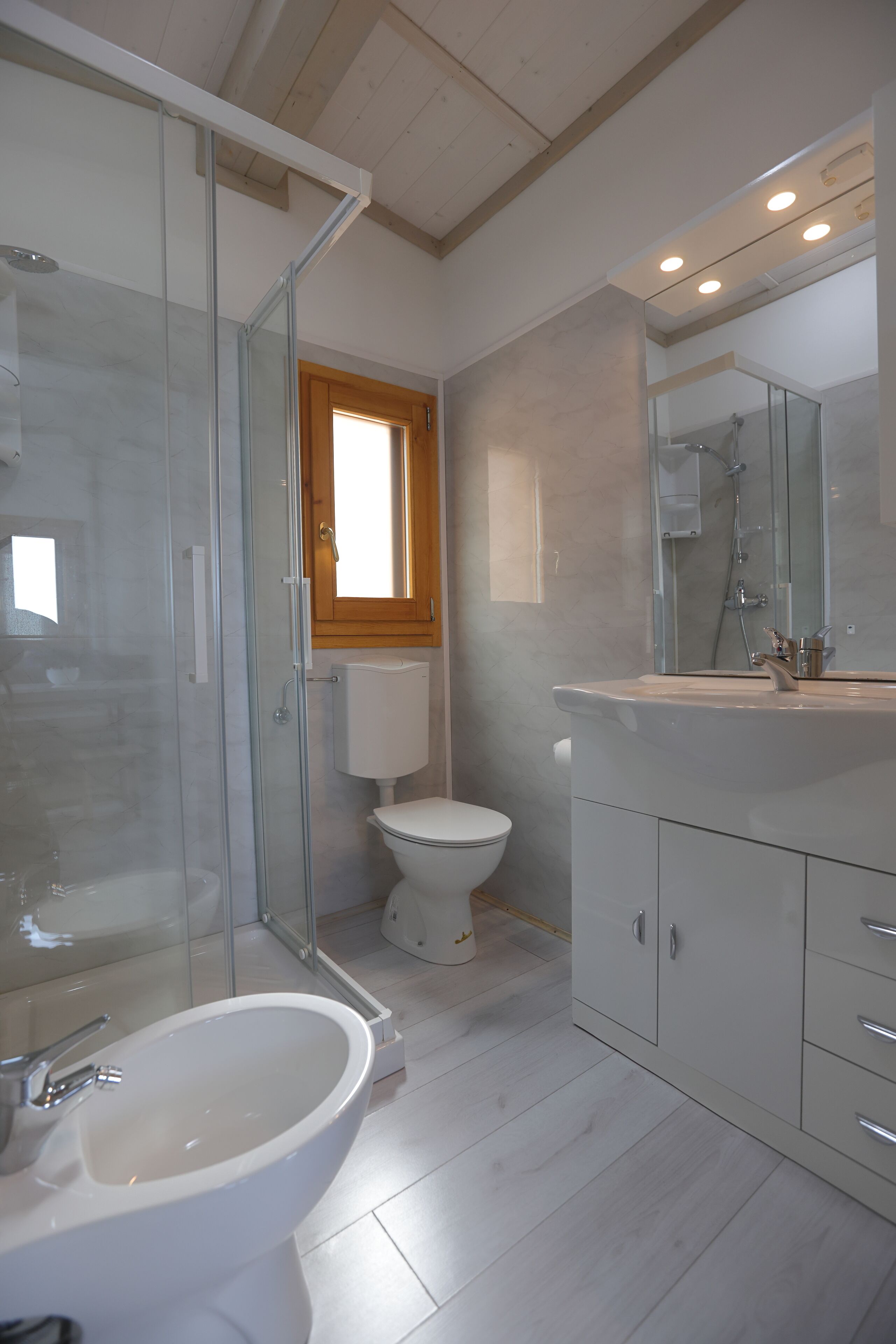 A modern bathroom with a glass shower enclosure, a toilet, a sink, and a vanity with cabinets.