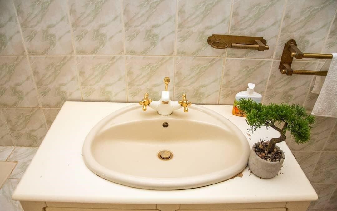 A bathroom sink with a marble backsplash, a towel rack, and a potted plant.