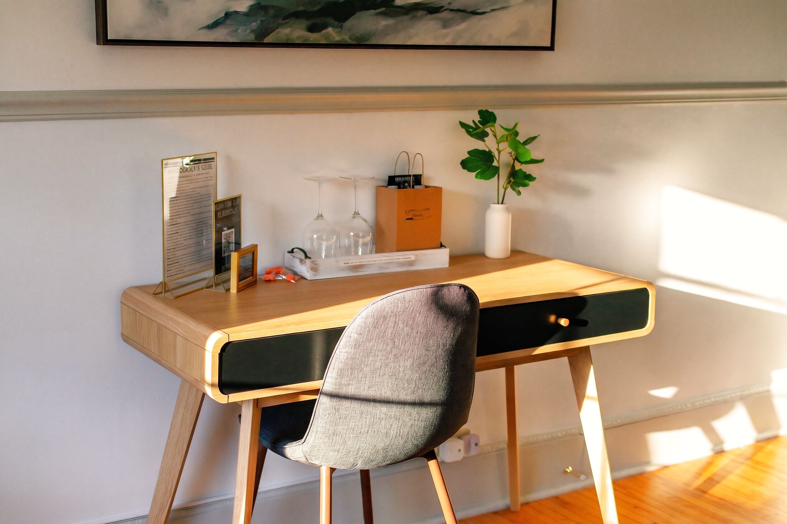 A wooden desk with a grey upholstered chair, a white vase with a plant, and a framed picture on the wall.