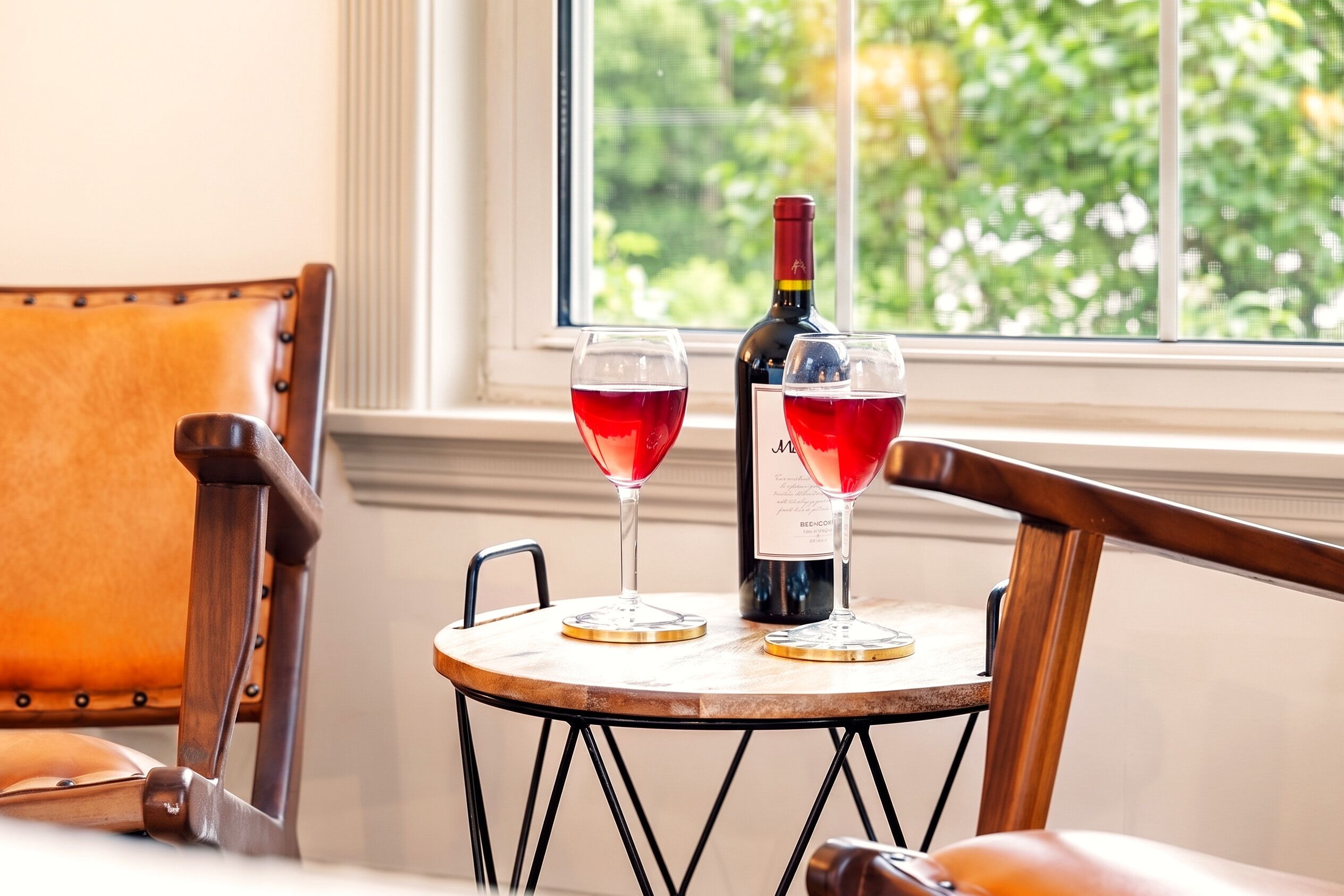 A table with two wine glasses and a bottle of wine, a chair, and a window with a view of greenery.