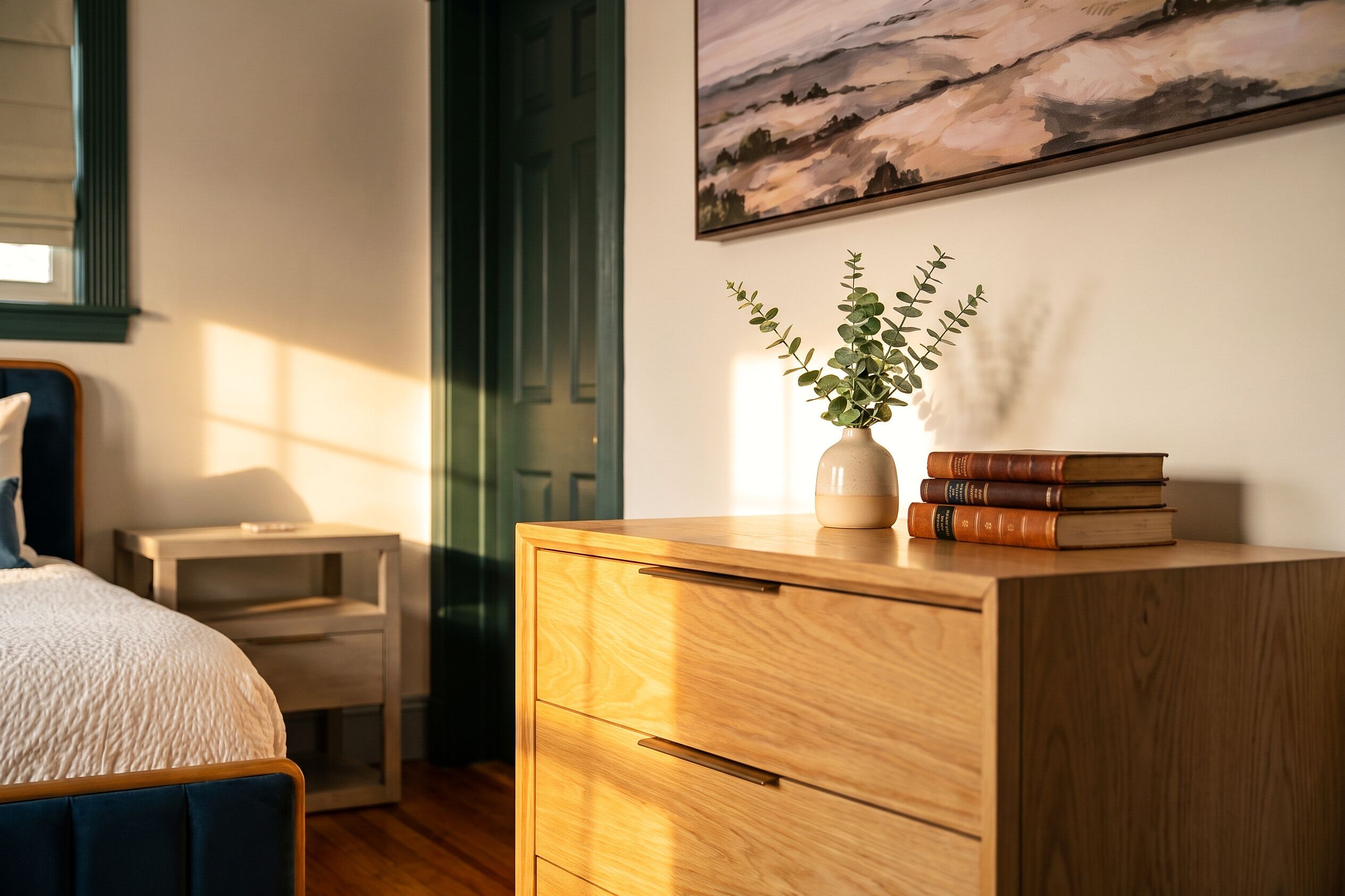 A bedroom with a bed, a nightstand, a dresser with drawers, a vase with a plant, and a stack of books.