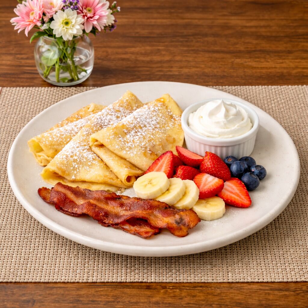 A plate of crepes with strawberries, blueberries, banana slices, and bacon, accompanied by a small bowl of whipped cream.