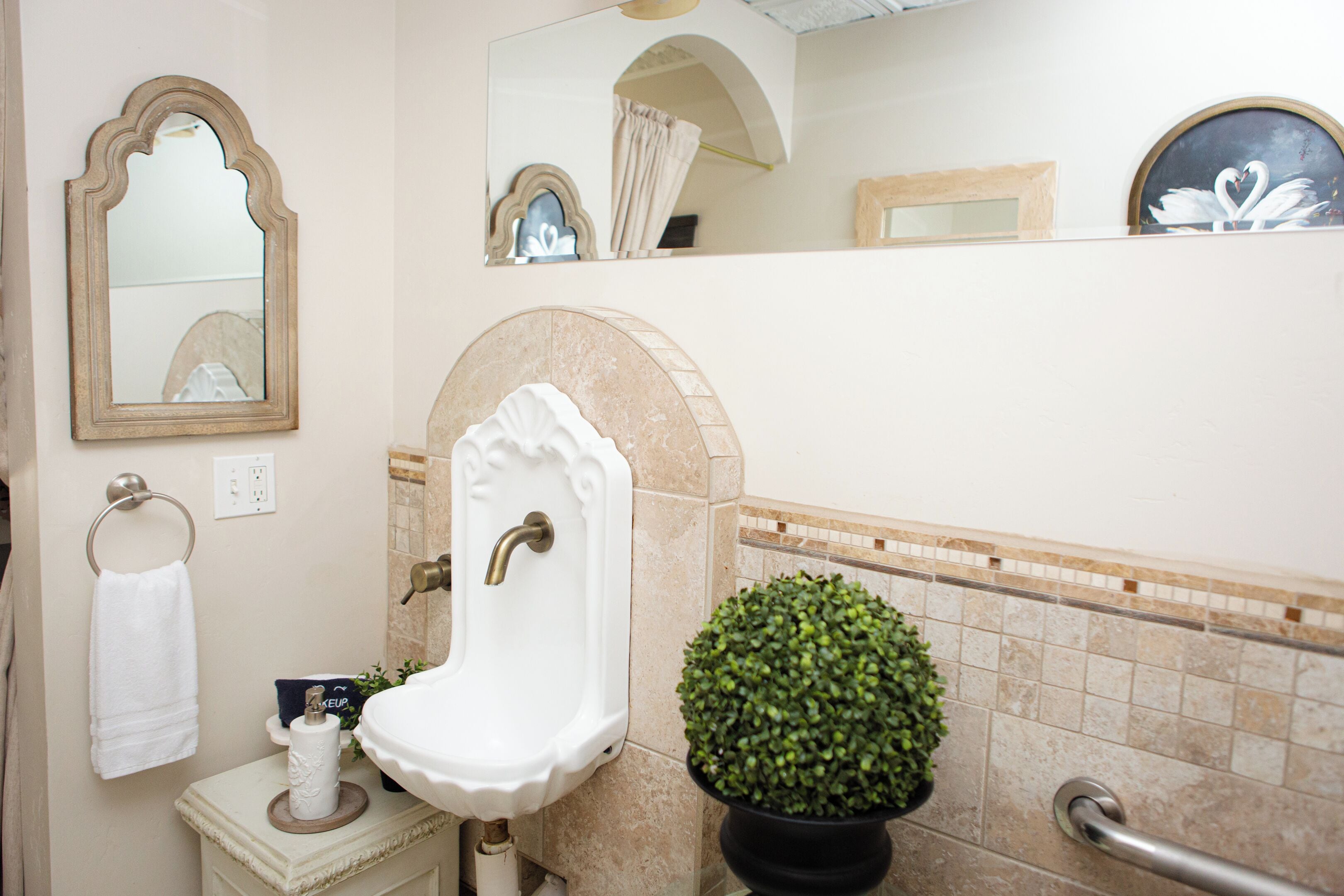 Une salle de bain équipée d’un lavabo, d’un miroir, d’un porte-serviettes et d’une plante en pot.