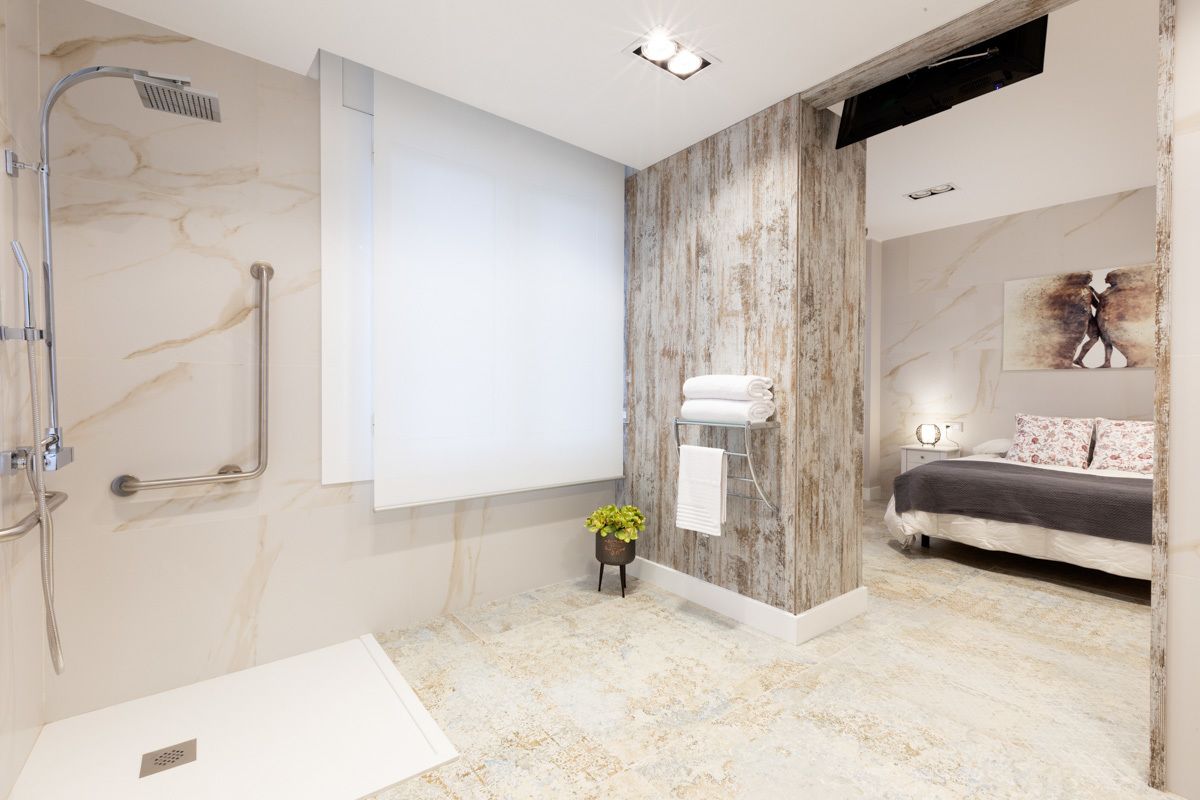 basic room, accessible (eix macia) | bathroom | shower, free toiletries, hair dryer, towels