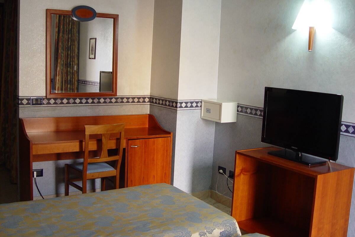 A hotel room with a bed, a desk with a chair, a television, and a mirror.