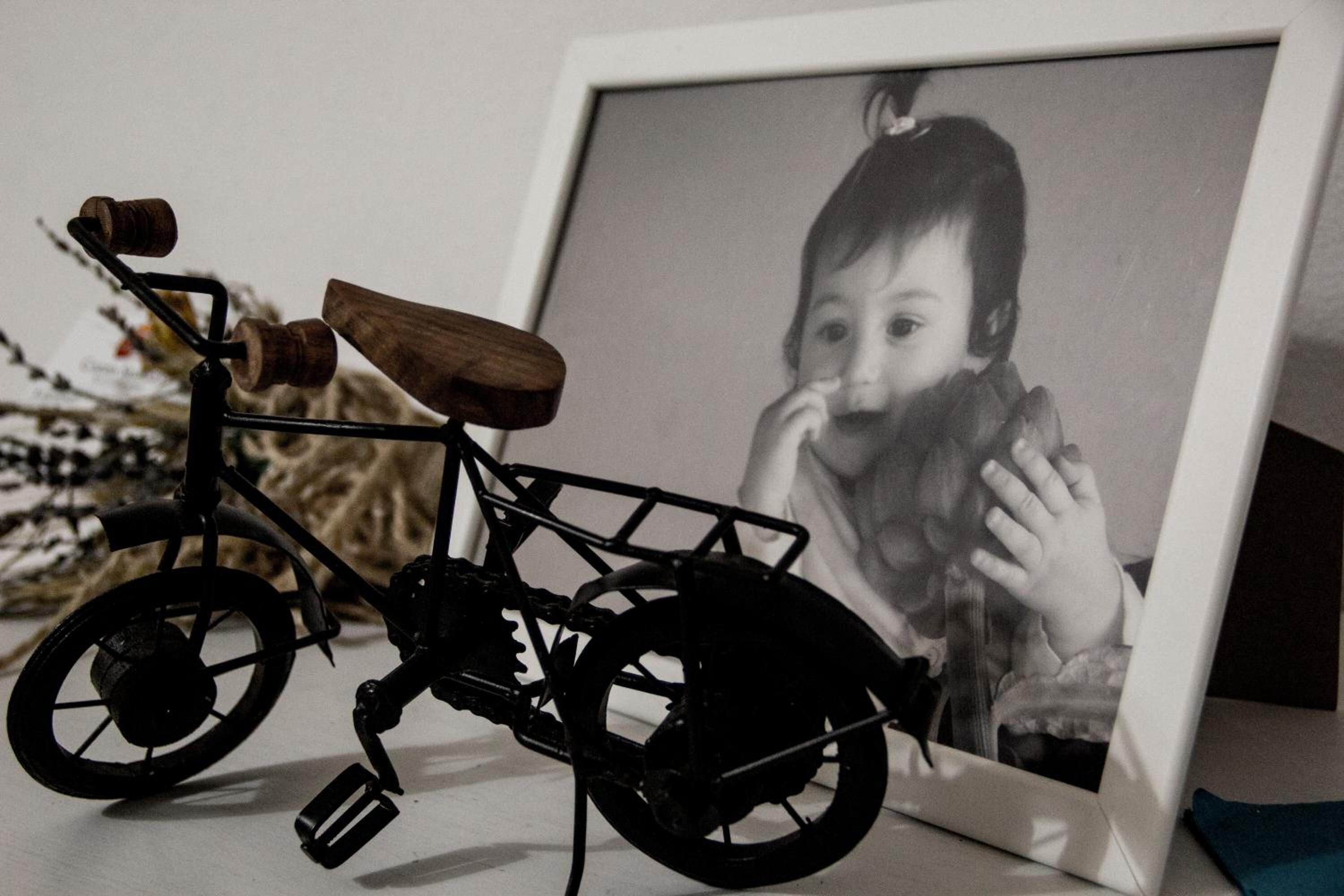 A bicycle with a wooden seat and black frame, placed in front of a framed photograph.