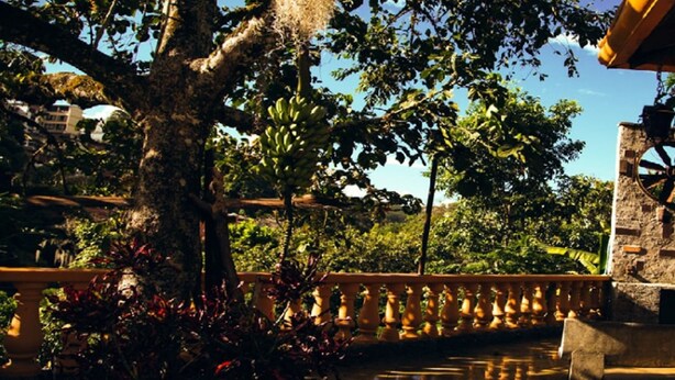 Un gazebo con un muro in pietra e una grande ruota, immerso nel verde e circondato da una recinzione in legno.