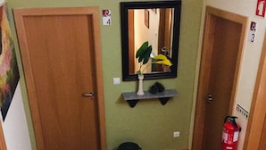 Een gang met een zwart-beige vloerkleed, een spiegel, een plant op een plank en een brandblusser.