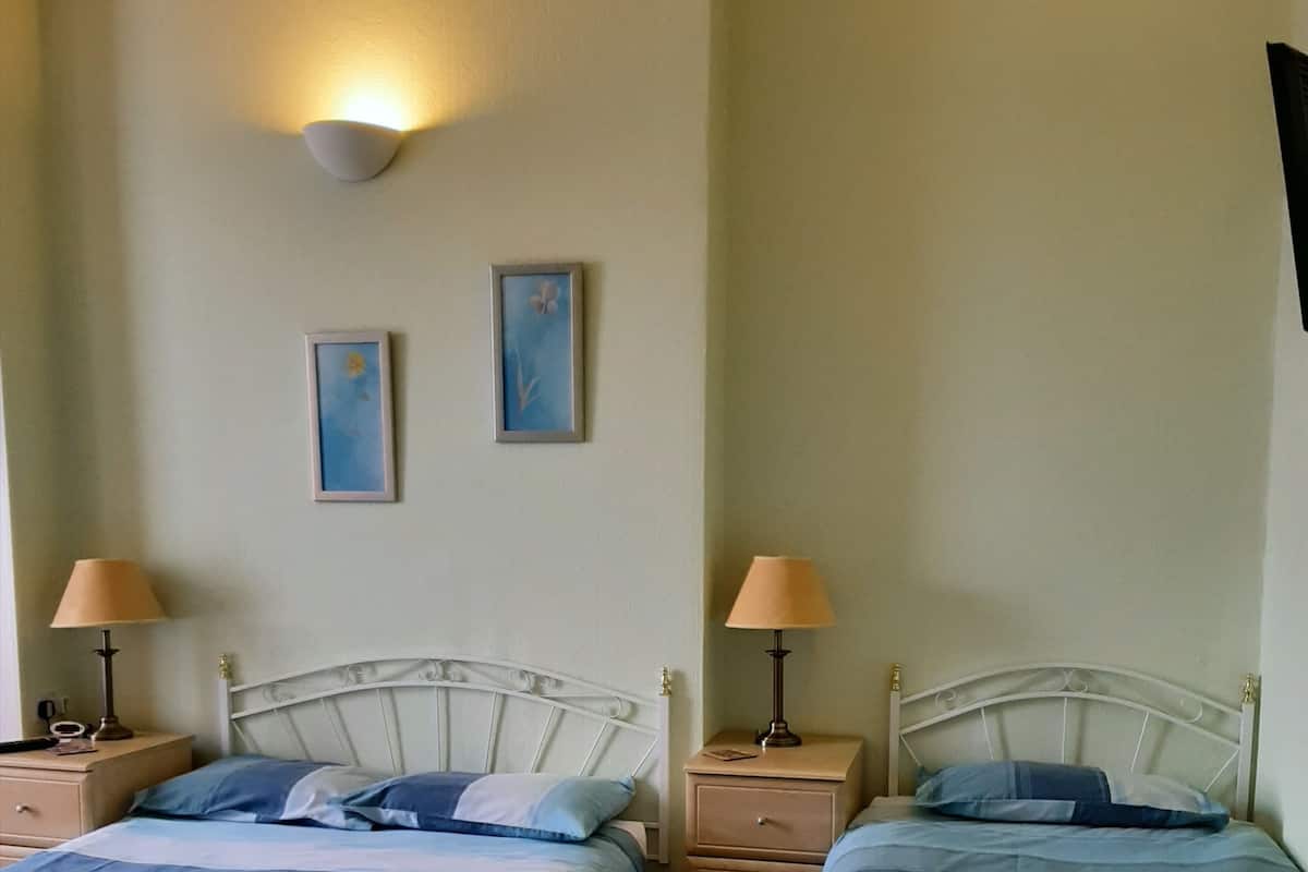 Two single beds with matching headboards and footboards, each with a bedside table and lamp. There are two framed pictures on the wall.