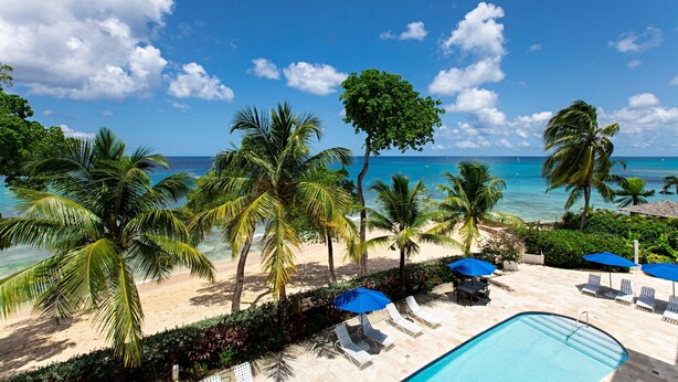 A poolside area with lounge chairs and umbrellas, palm trees, and a view of the ocean. - Waterside 303 (Paynes Bay)