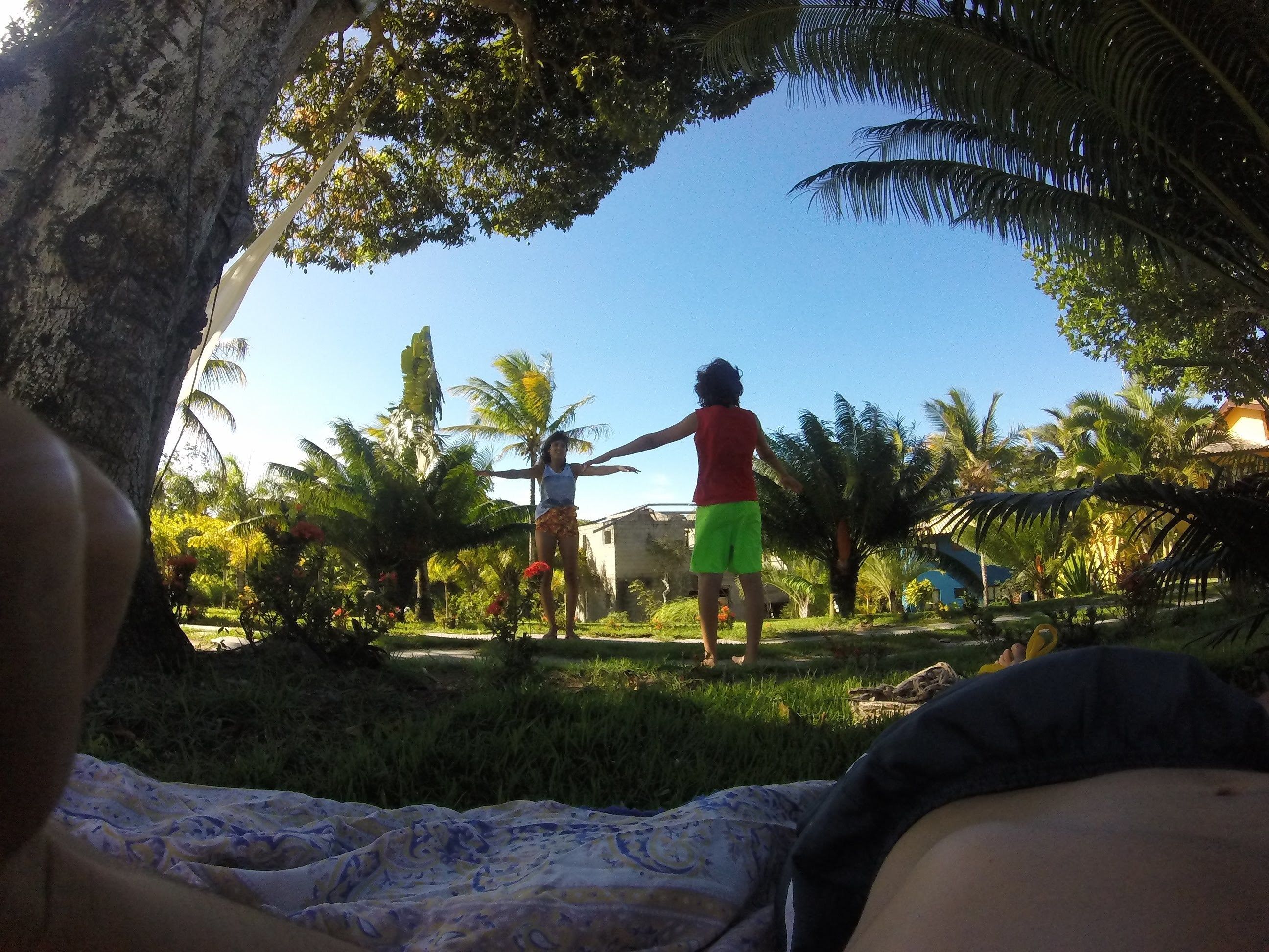 Uma pessoa em um jardim exuberante, com palmeiras e céu claro.