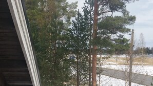 Une vue depuis une fenêtre d’un immeuble, donnant sur un paysage enneigé parsemé de grands pins.