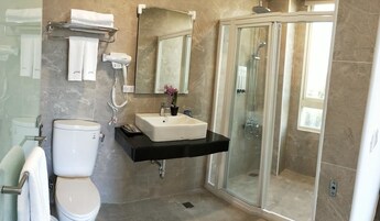 Shower, free toiletries, hair dryer, slippers