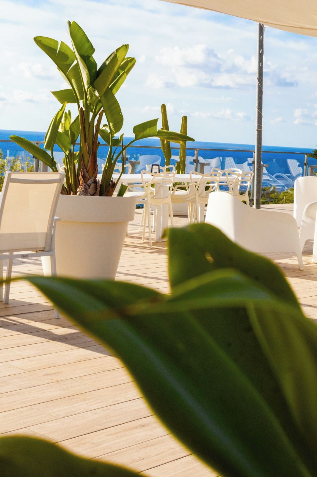 Een terras met plantenpotten, witte stoelen en uitzicht op zee.