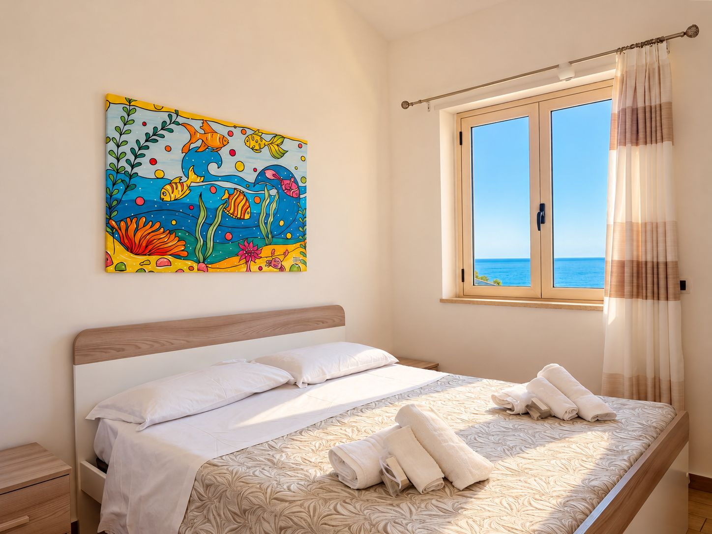 Ein Schlafzimmer mit einem Bett, einem Bild von Fischen, einem Fenster mit Meerblick und Handtüchern auf dem Bett.