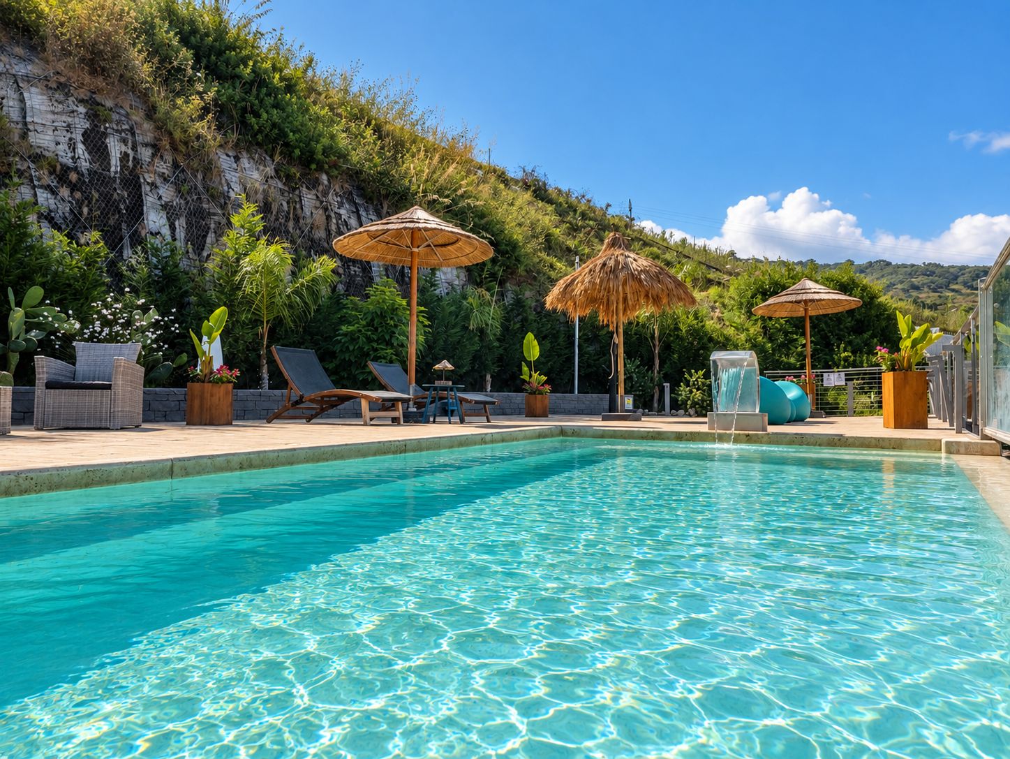 A clear swimming pool with lounge chairs and umbrellas, surrounded by greenery and a cliff.