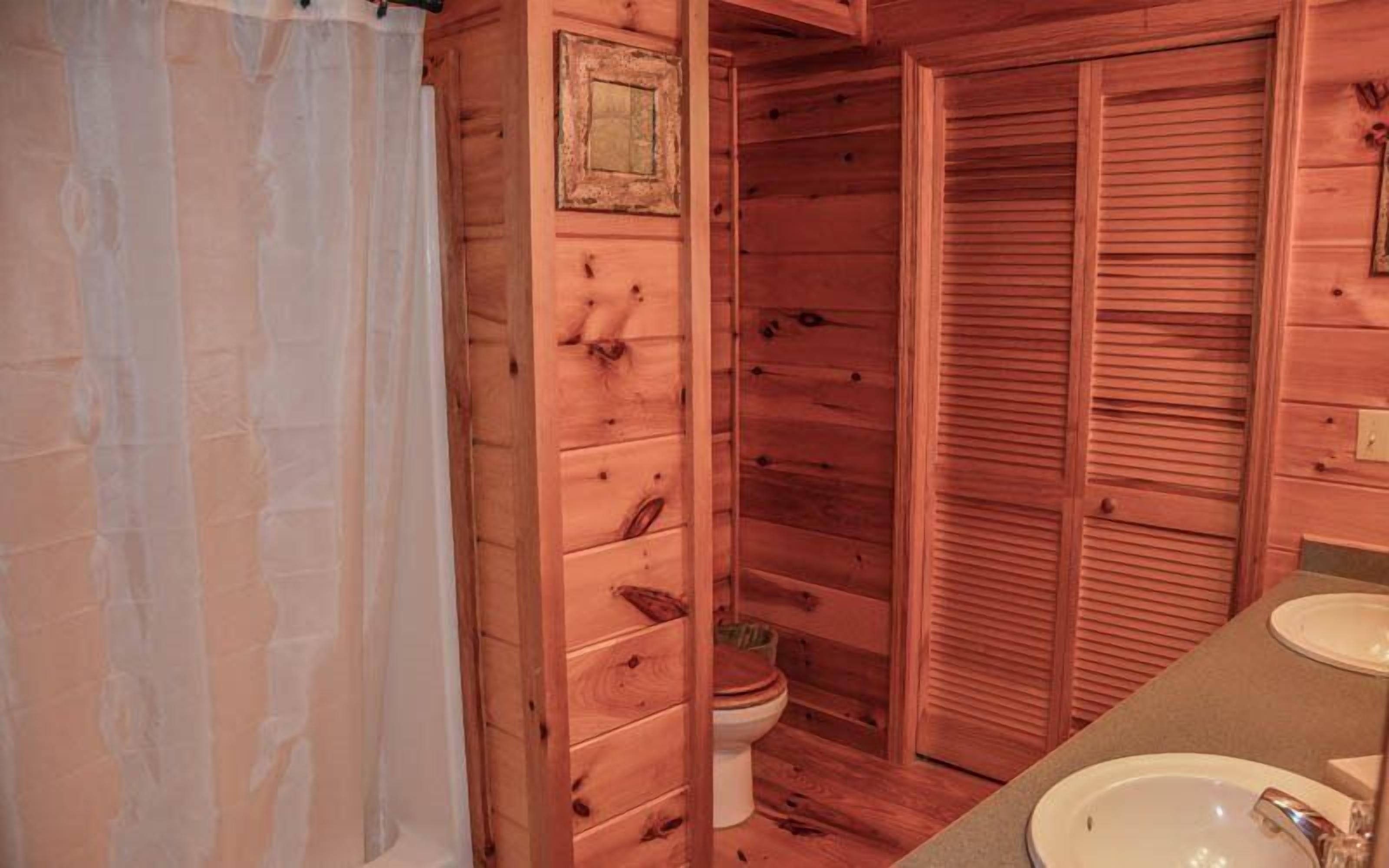 A wooden cabin bathroom with a toilet, a shower curtain, and a sink.