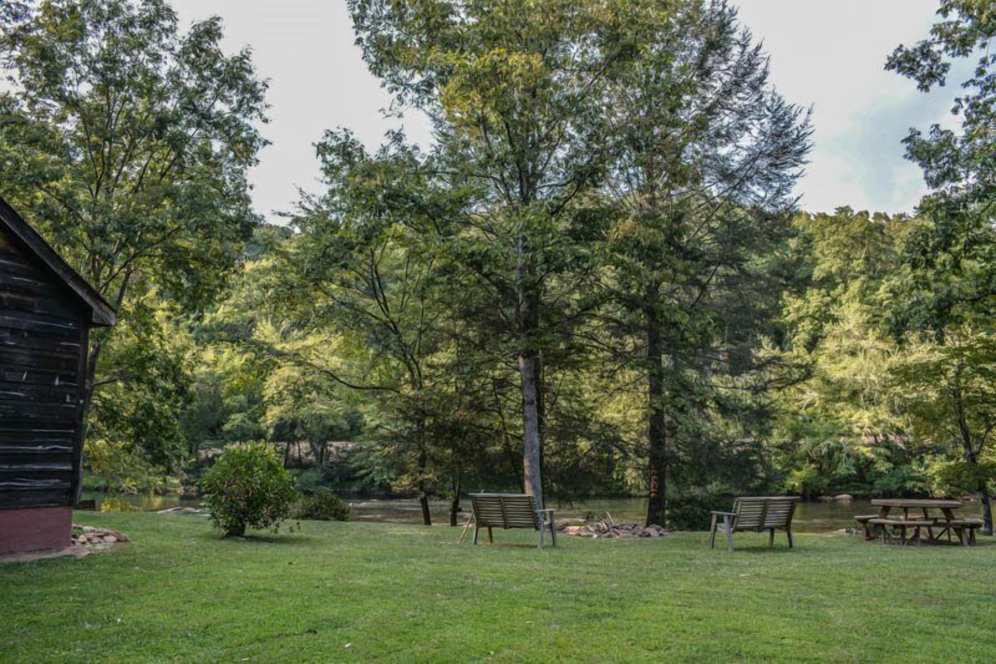 A grassy outdoor area with benches and picnic tables, surrounded by trees and a small building.