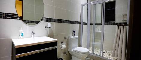 A modern bathroom with a toilet, sink, and shower area.