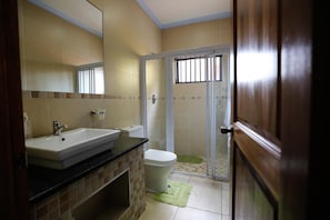 A bathroom with a sink, toilet, and glass shower enclosure. - Grand View (Morganton)