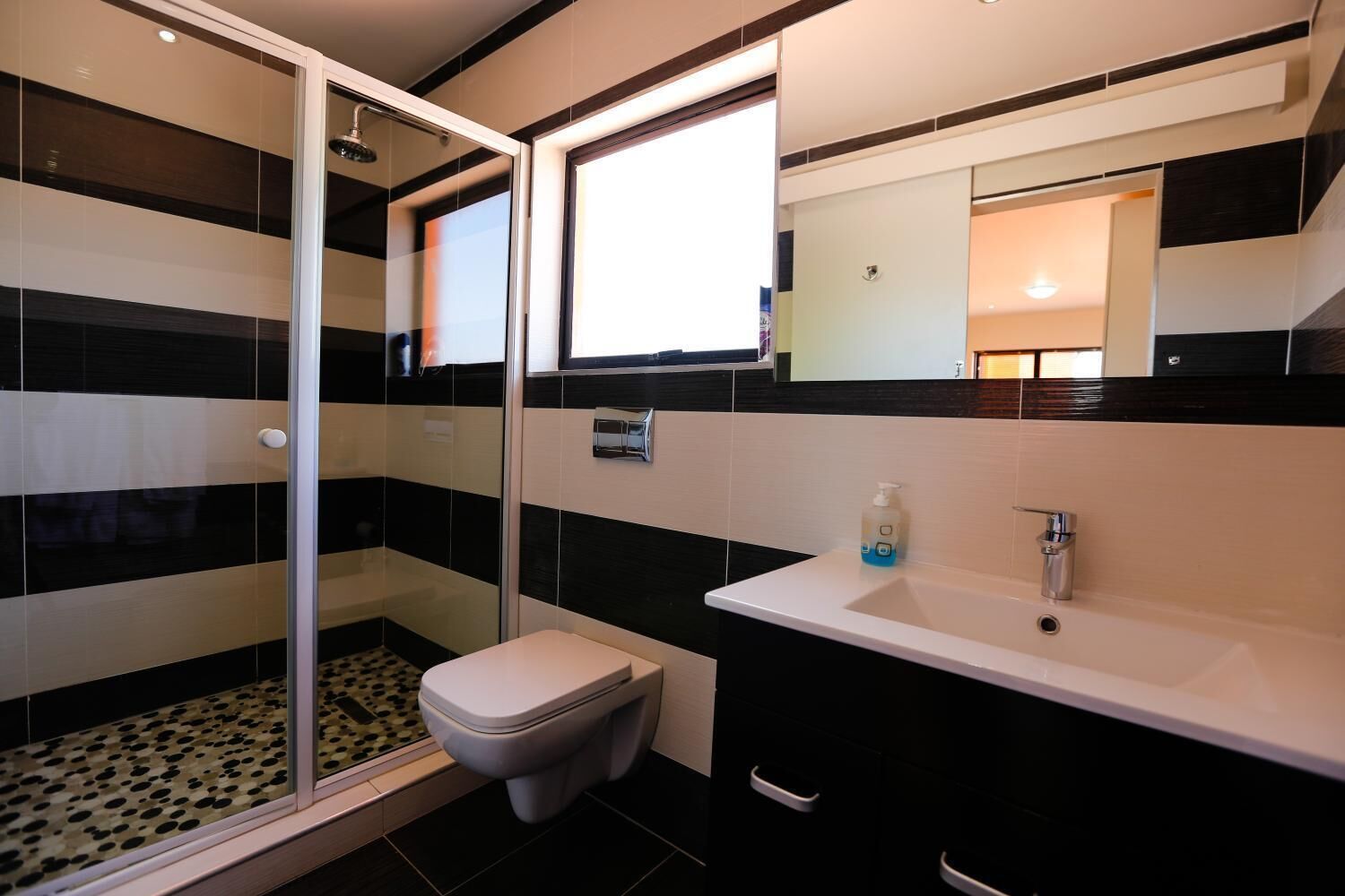 A modern bathroom with a glass shower enclosure, a toilet, and a sink with a mirror above it.