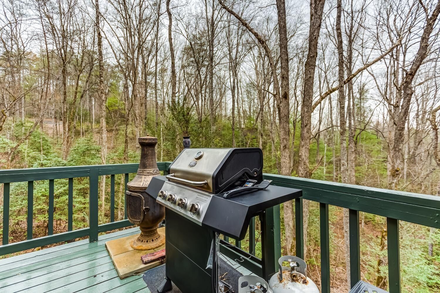 Un barbecue installé sur une terrasse en bois, avec une forêt en arrière-plan.