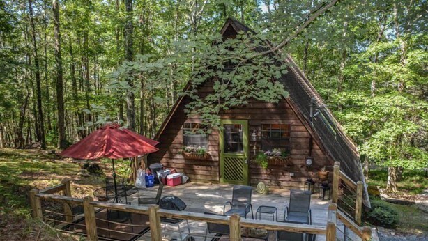 A wooden cabin with a porch, surrounded by trees. - At A Snails Pace (Blue Ridge)