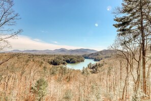 A mountainous landscape with a lake surrounded by forested hills. - Under The Stars (Blue Ridge)