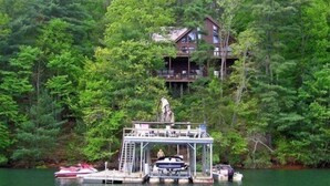 A cabin with a dock and a boat, surrounded by dense forest.