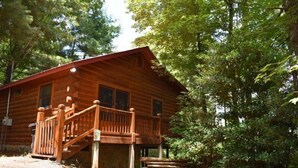 Eine Holzhütte mit einer Holztreppe, die zu einer Terrasse führt, umgeben von dichtem Wald.