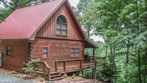 A wooden cabin with a red roof, a porch, and a small garden area. - Into Thin Ayer (Blue Ridge)