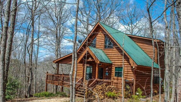 Une cabane en rondins surmontée d’un toit végétalisé, entourée d’arbres.
