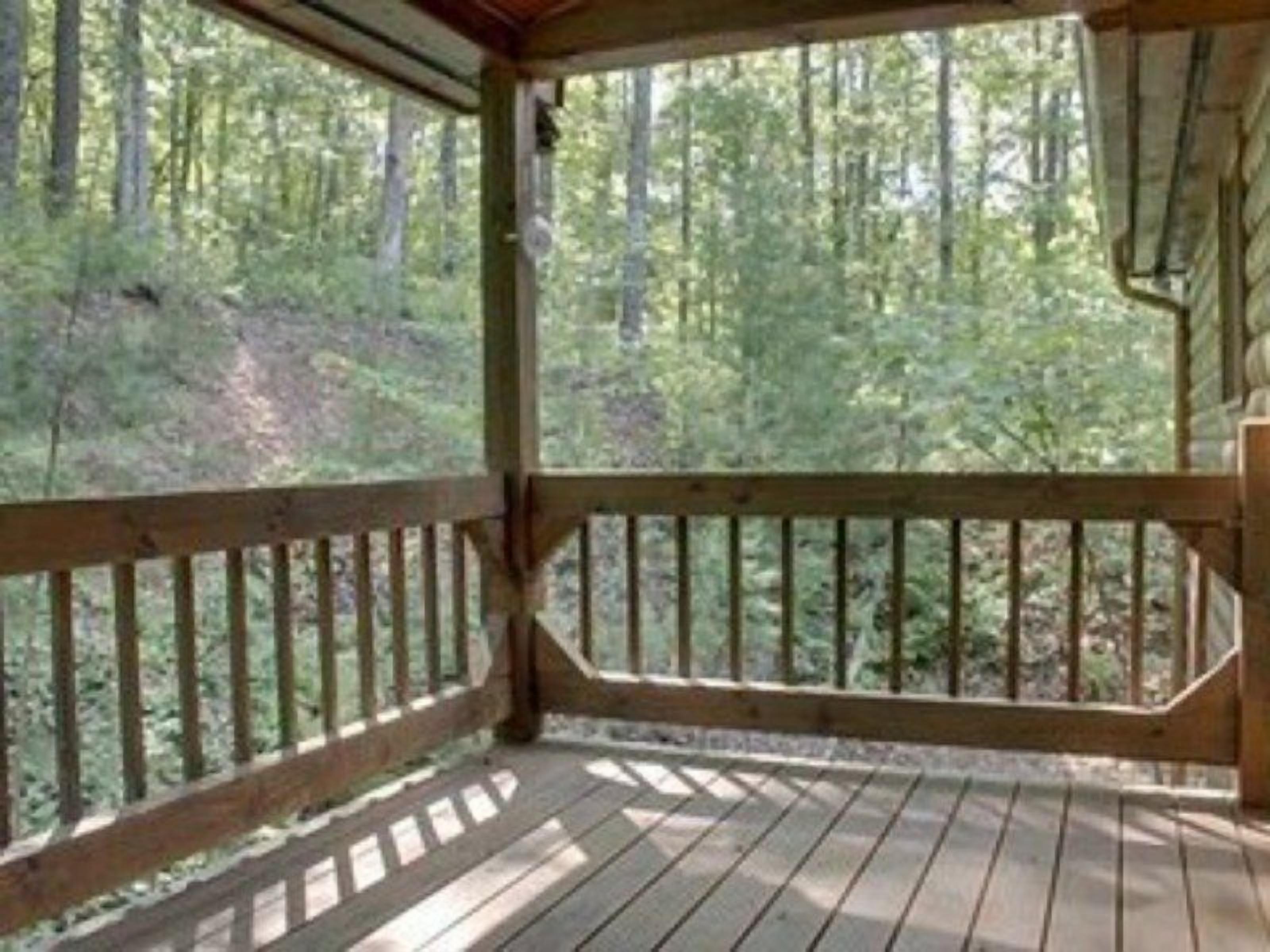 A wooden deck with a railing, surrounded by a forest.