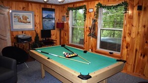 Une table de billard dans une pièce aux murs en bois, un tableau encadré représentant un ours polaire, un téléviseur et une fenêtre avec des stores.