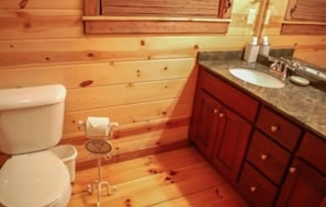 Een badkamer in chaletstijl met toilet, wastafel en houten kastjes.
