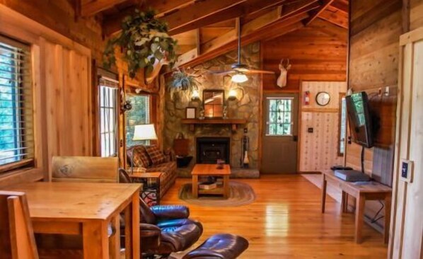 Huis | Woonkamer | Een flatscreentelevisie, een open haard, een dvd-speler en tafelvoetbal