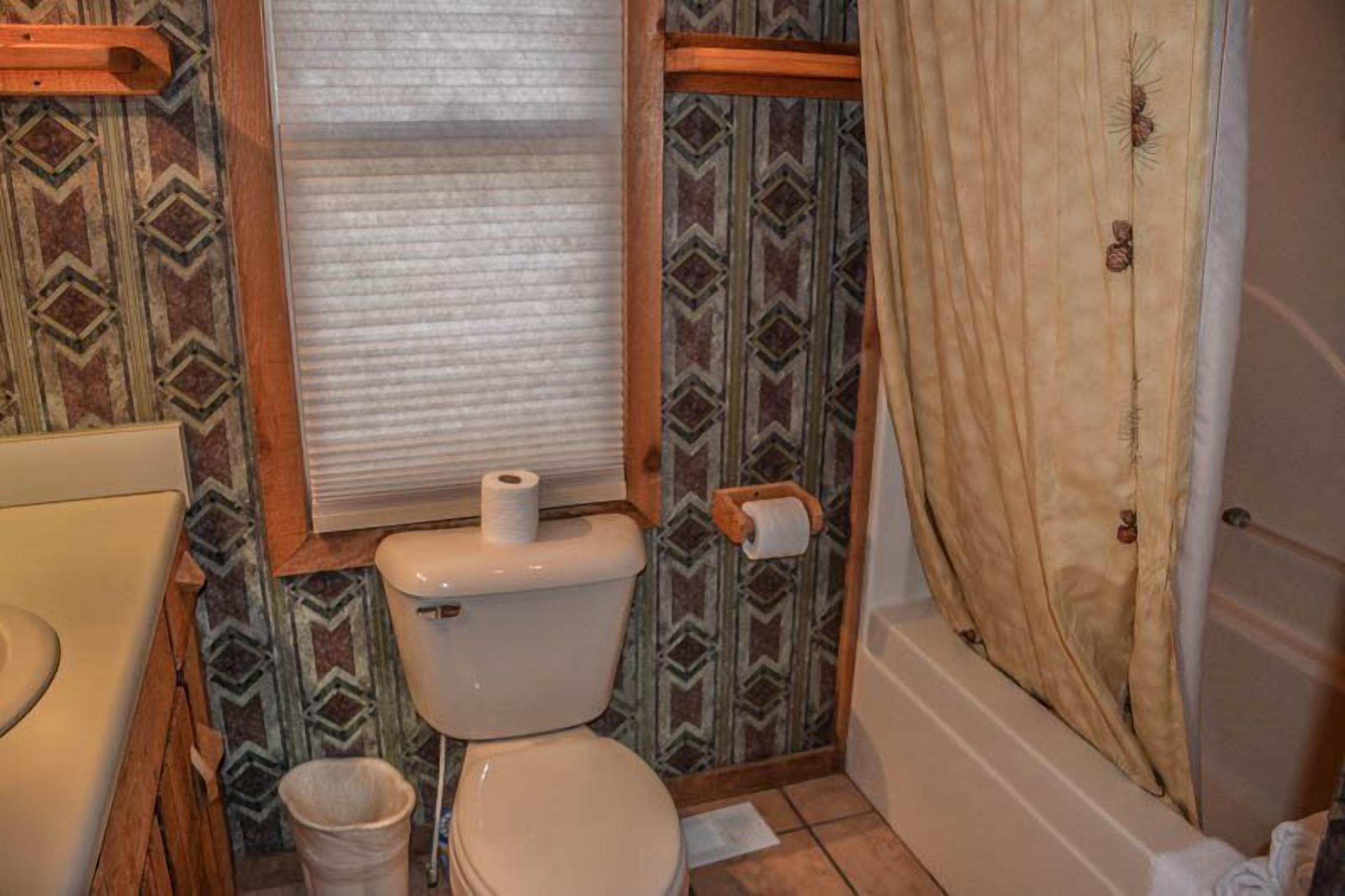 Casa de banho com sanita, rolo de papel higiénico, um caixote de lixo e cortina de chuveiro.