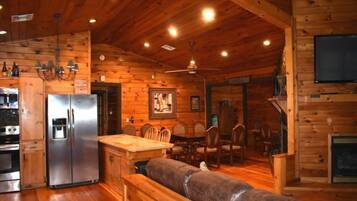 Flat-screen TV, fireplace, video game console, DVD player