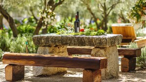 A stone bench with a bottle and glasses on it, surrounded by greenery. - Olive Garden Camp Resort (Sibenik)