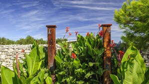 A garden with large green leaves and red flowers, a stone wall, and wooden structures. - Olive Garden Camp Resort (Sibenik)
