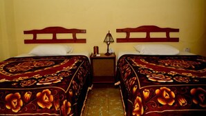 Una habitación con dos camas, cada una con cabecero de madera, una mesita de noche con lámpara, y un cuadro en la pared.
