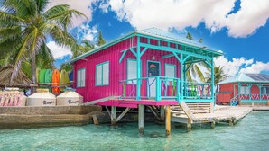 A pink and turquoise house with a balcony, surrounded by clear water and palm trees. - King Lewey's Island Resort (Placencia)