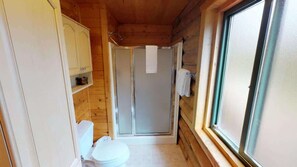 Combined shower/tub, hair dryer, towels