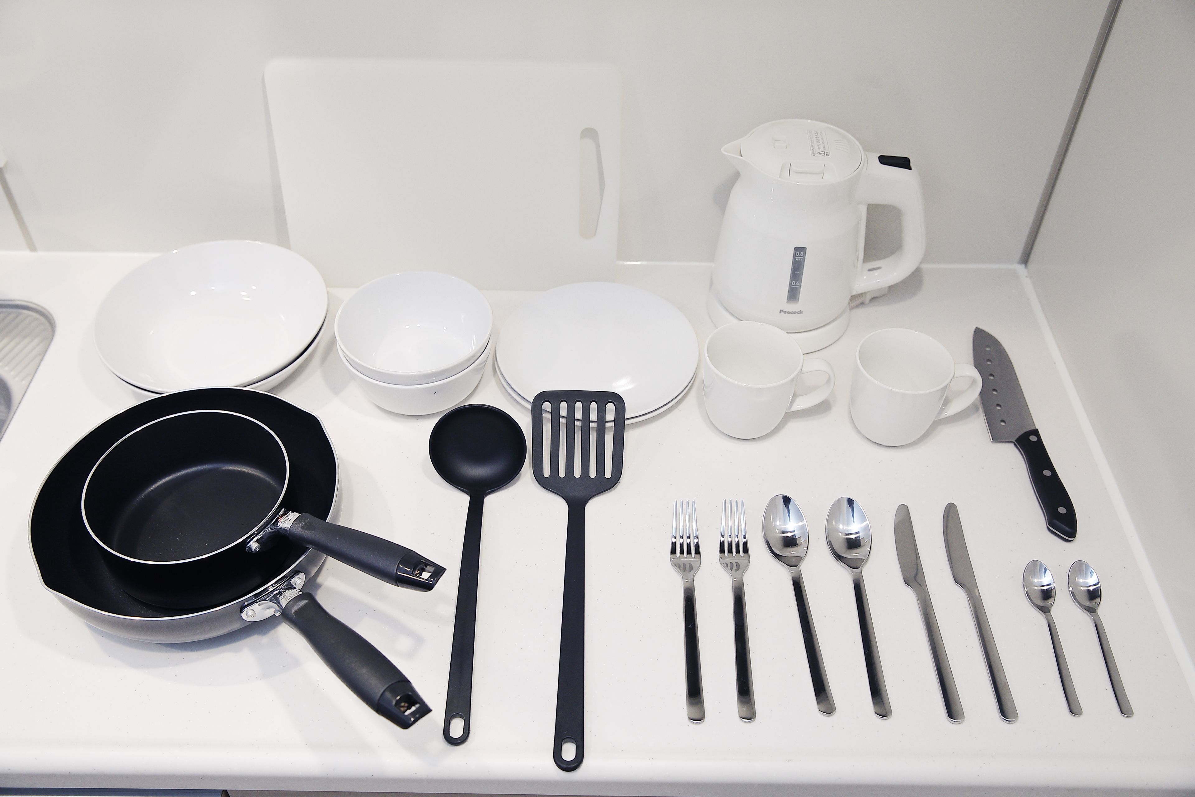 fridge, microwave, stovetop, electric kettle