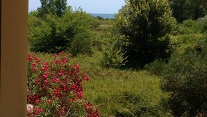 A balcony with a view of a garden and trees. - Beautiful Apartments in a green and peaceful area near the beach on Corfu island (Lefkimmi)