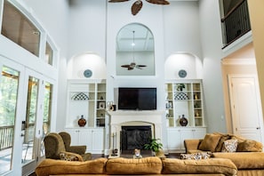 Smart TV, fireplace, video games, DVD player